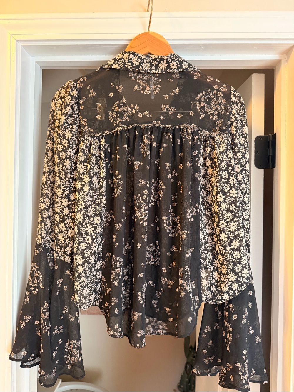 Free People Black Floral Sheer Button-Up Blouse